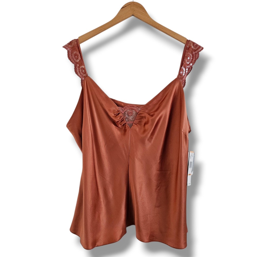 Nine West 100% Silk Cami 24W Women Terracotta Viva La Glitz Lace Sequin Tank Top
